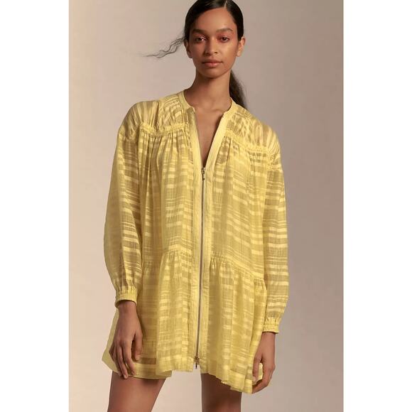 Anthropologie NWT Bright Yellow Zip Front Long Sleeve Oversized Mini Dress Sz S - Picture 1 of 14